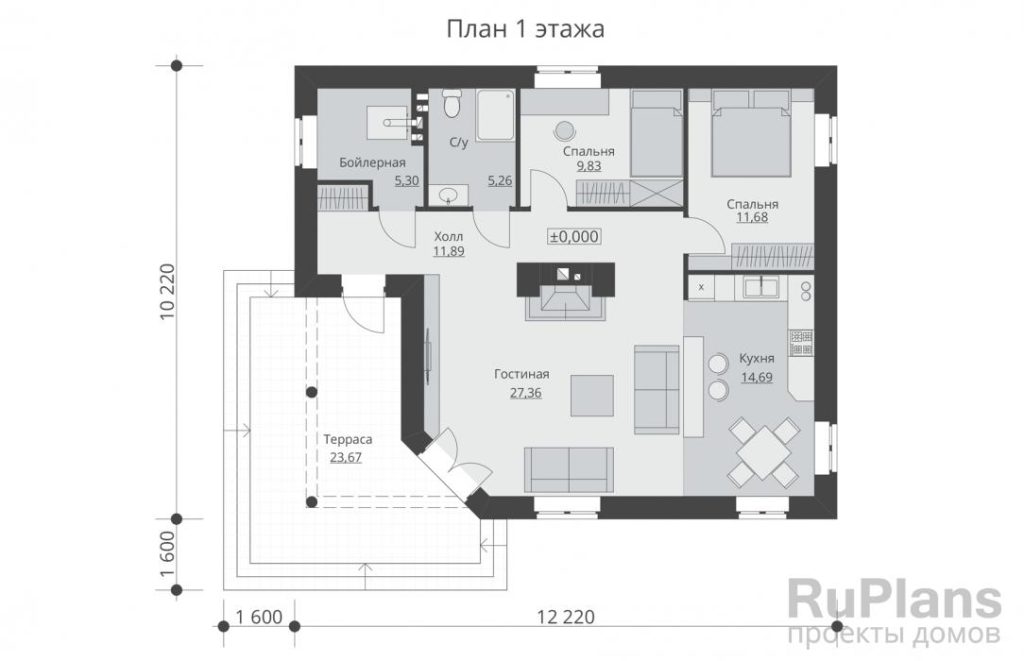 Планировка Одноэтажный жилой дом с террасой Rg5169