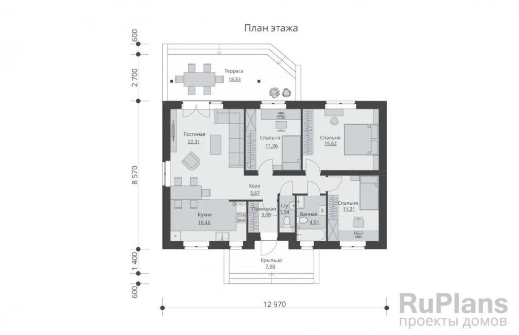 Планировка Проект одноэтажного дома с террасой Rg5677