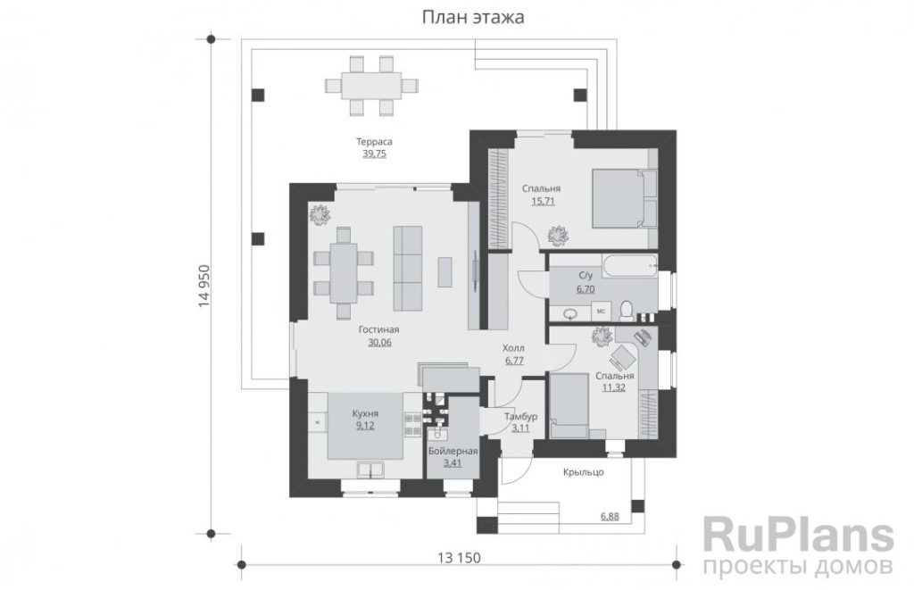 Планировка Одноэтажный жилой дом с террасой Rg5630