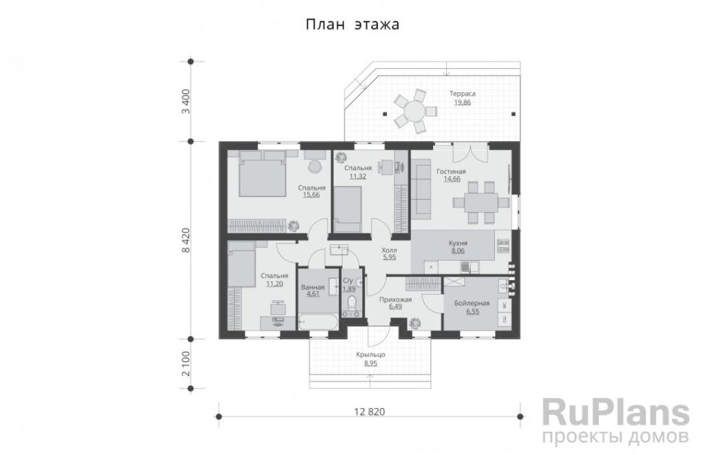 Планировка Одноэтажный дом с тремя спальнями и террасой Rg5976