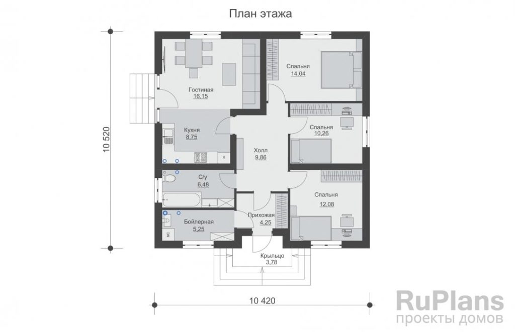 Планировка Одноэтажный дом с кухней-гостиной и тремя спальнями Rg6385