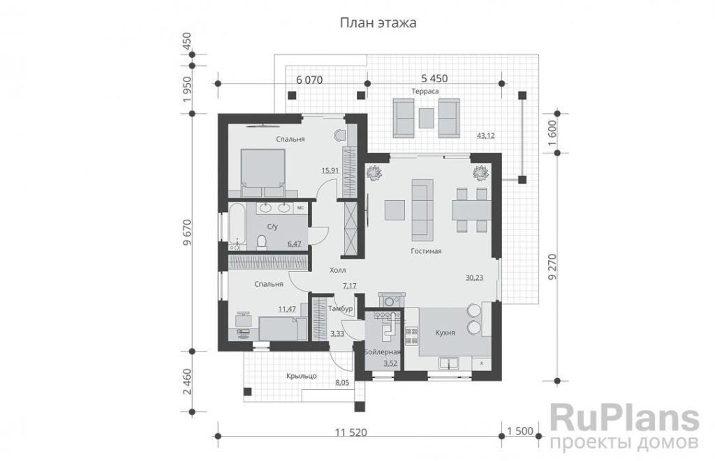 Планировка Современный одноэтажный дом с двумя спальнями, террасой и камином Rg6032