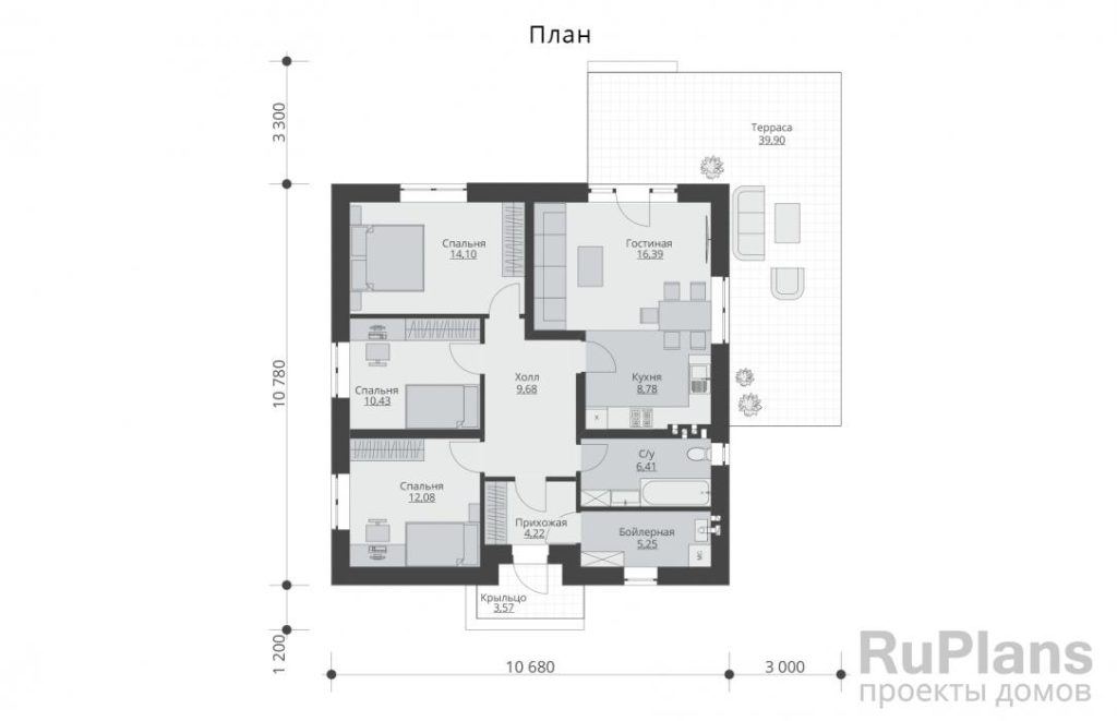 Планировка Одноэтажный дом с террасой и кухней-гостиной Rg5948