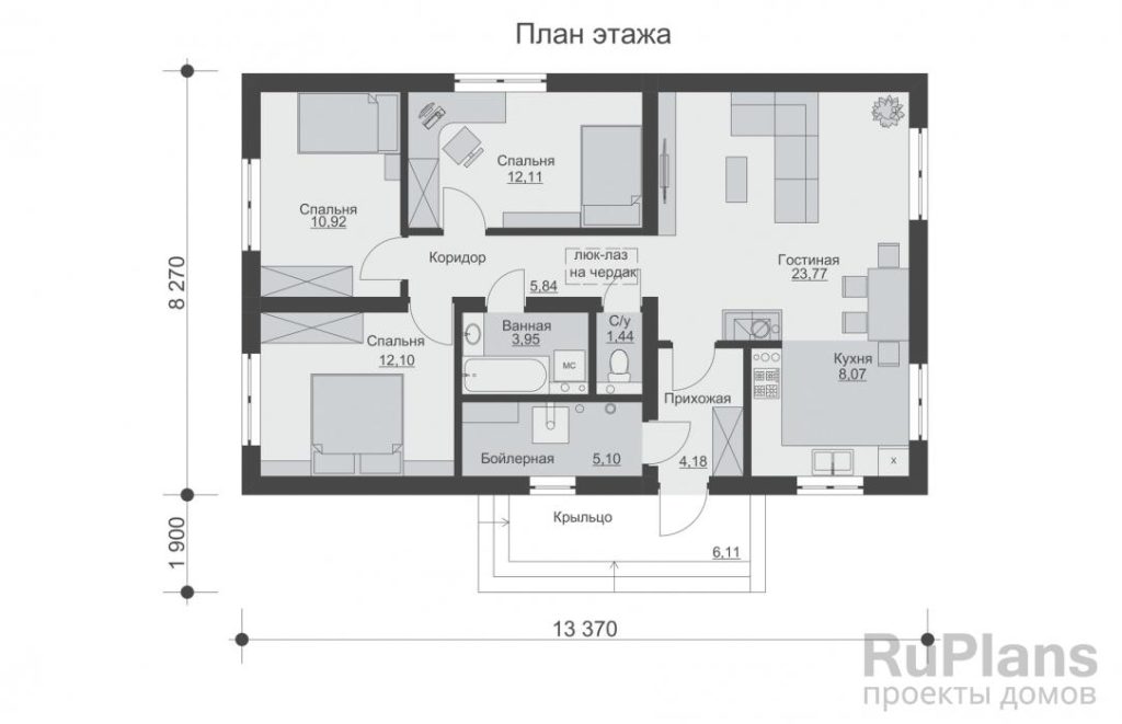 Планировка Одноэтажный дом с кухней-гостиной и тремя спальнями Rg6451