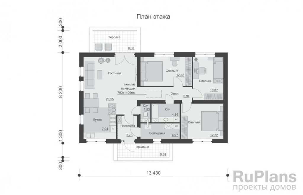 Планировка Одноэтажный дом с террасой и тремя спальнями Rg5893
