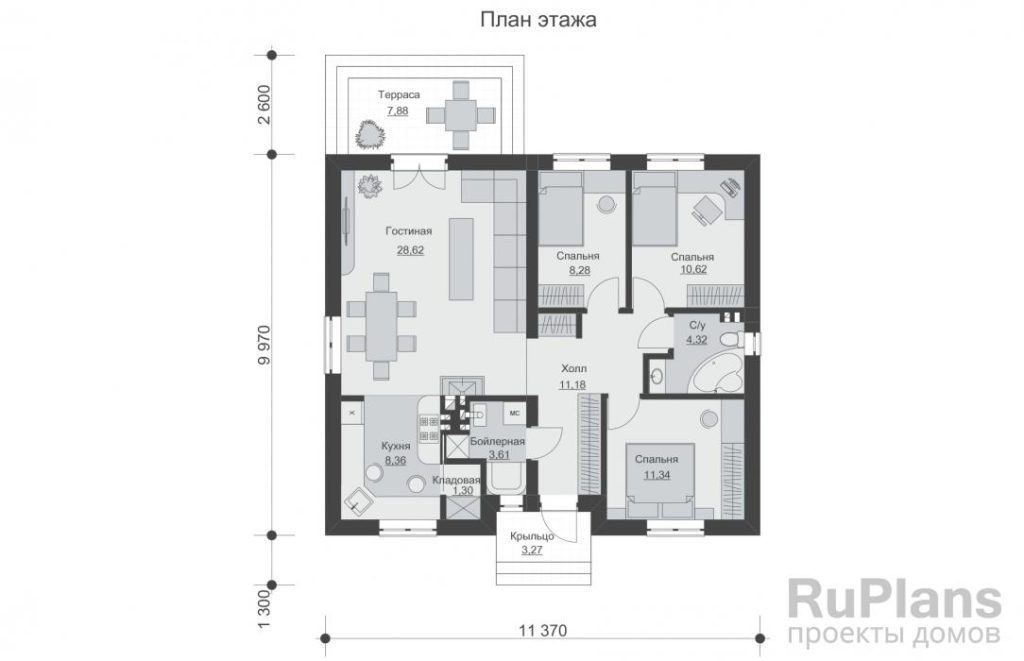 Планировка Проект одноэтажного дома с террасой Rg5653