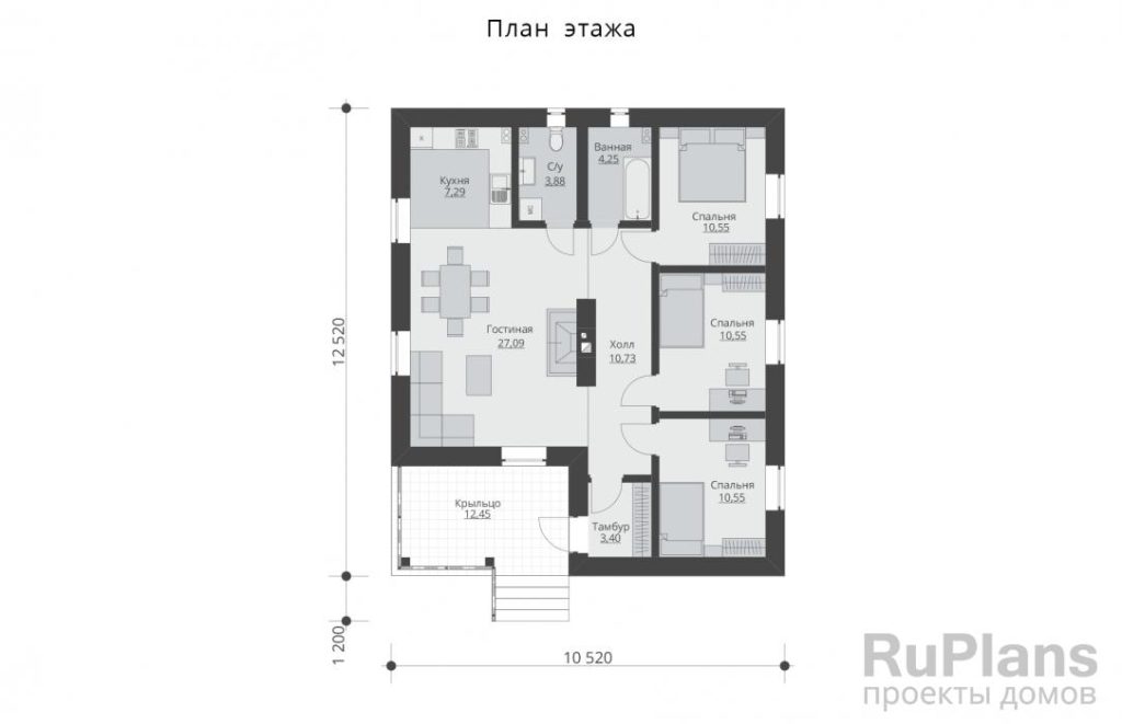 Планировка Одноэтажный дом с тремя спальнями и камином Rg5975