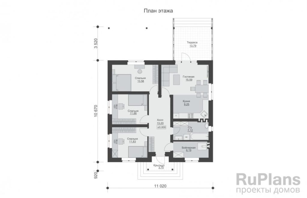 Планировка Одноэтажный дом с террасой и тремя спальнями Rg6338