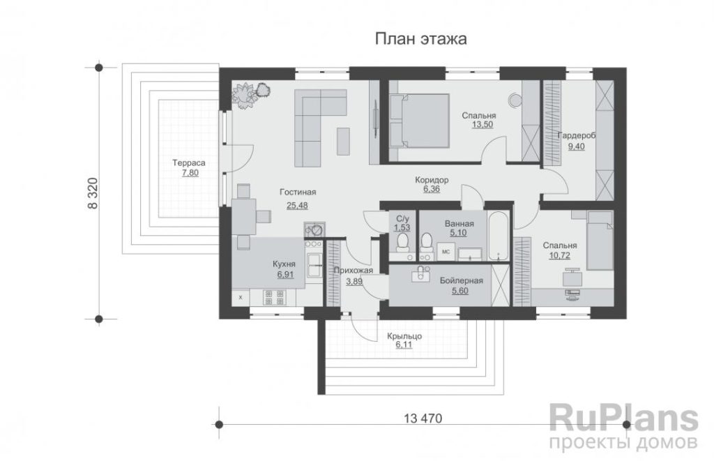 Планировка Одноэтажный дом с террасой и двумя спальнями Rg6303