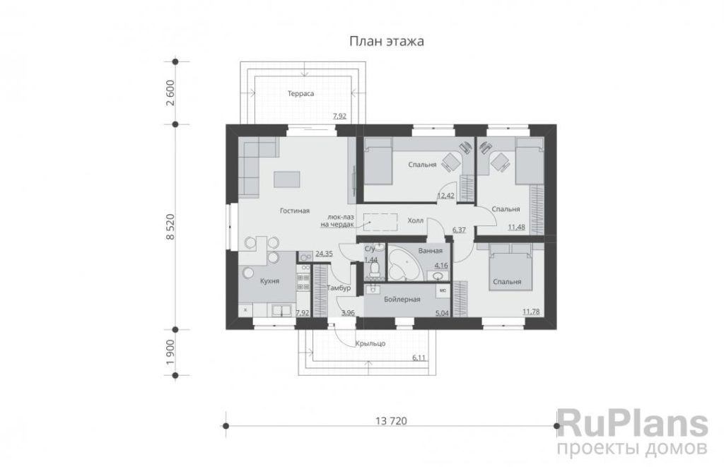 Планировка Проект одноэтажного дома с террасой Rg5423