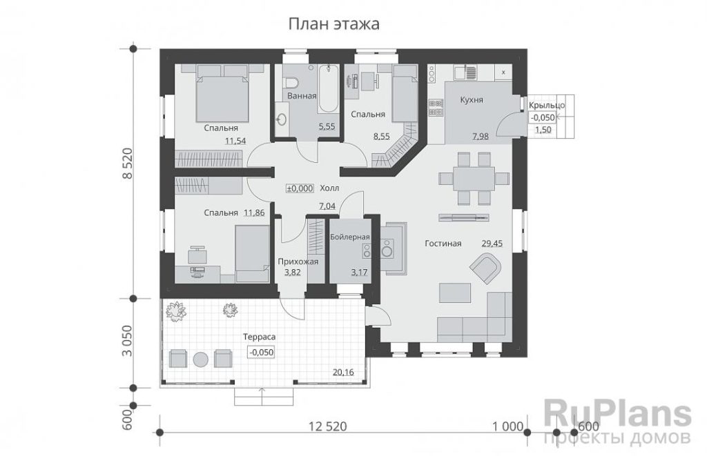 Планировка Одноэтажный дом с тремя спальнями и террасой Rg6313