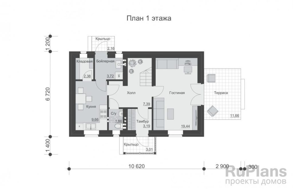 Планировка Одноэтажный дом с мансардой, террасой и тремя спальнями Rg3441