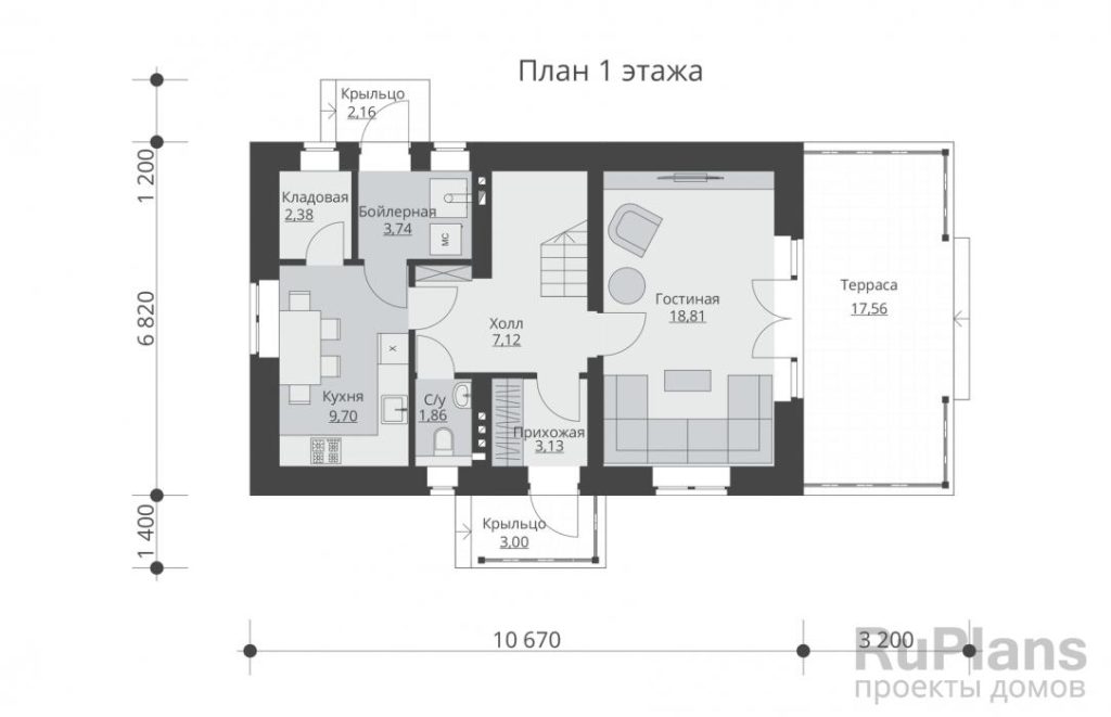 Планировка Проект одноэтажного дома с мансардой и террасой Rg5835