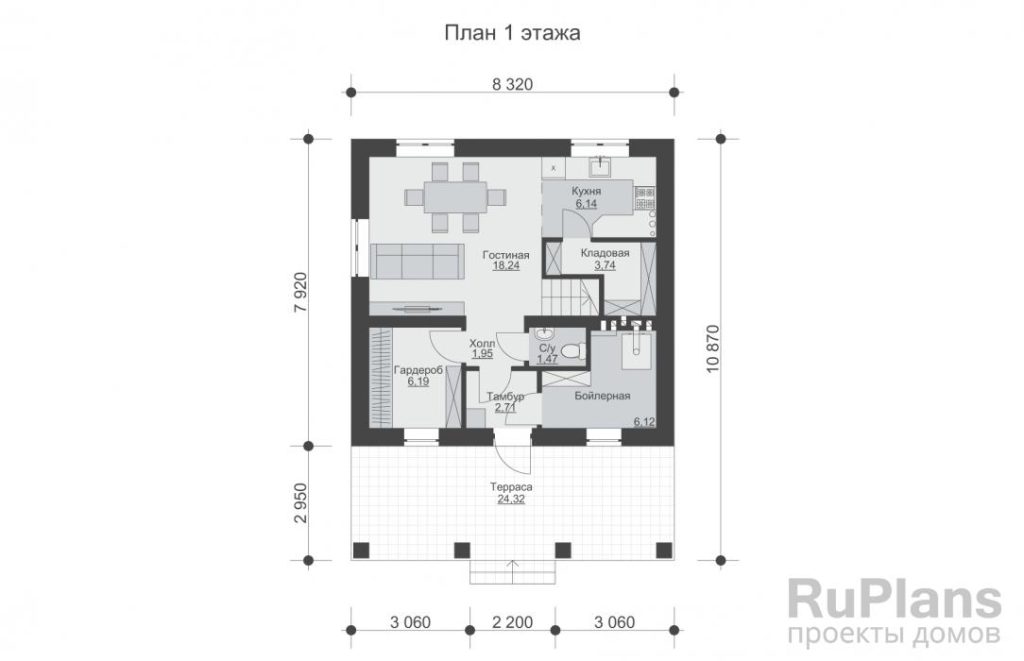 Планировка Одноэтажный дом с мансардой, террасой и кабинетом Rg6048