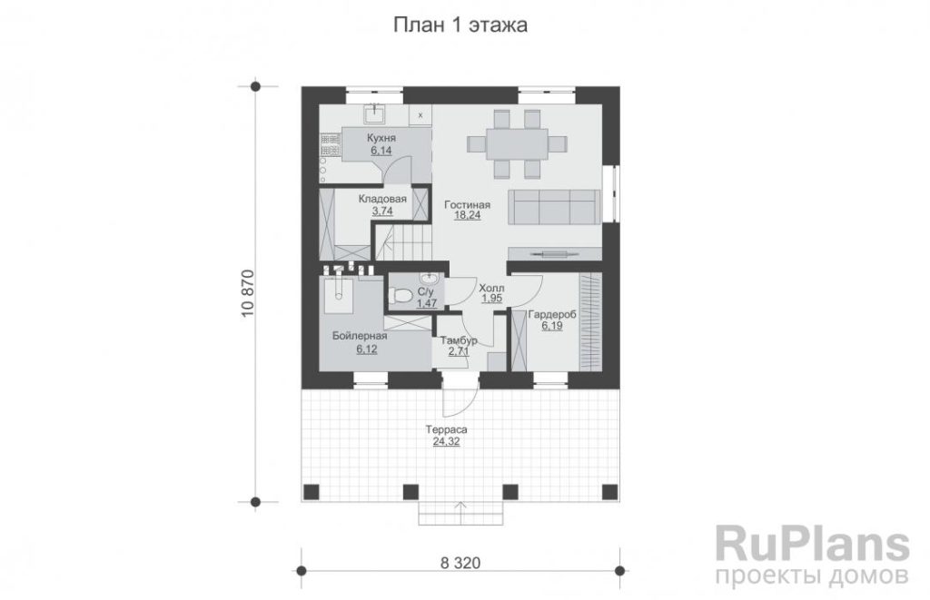 Планировка Одноэтажный дом с мансардой, террасой и кабинетом Rg6396