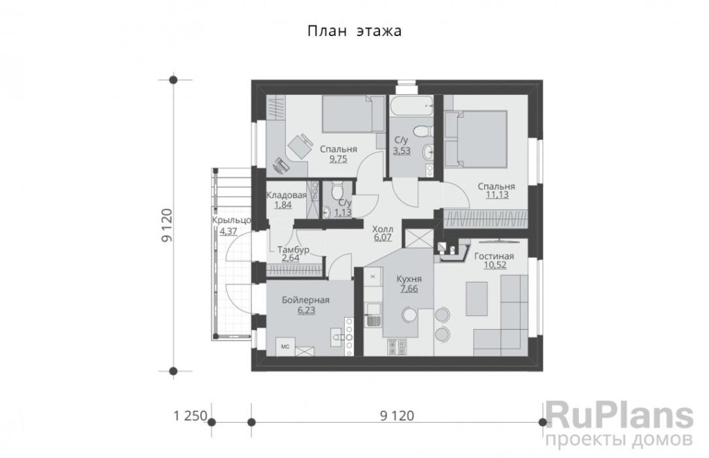 Планировка Одноэтажный дом с двумя спальнями и кухней-гостиной Rg5904