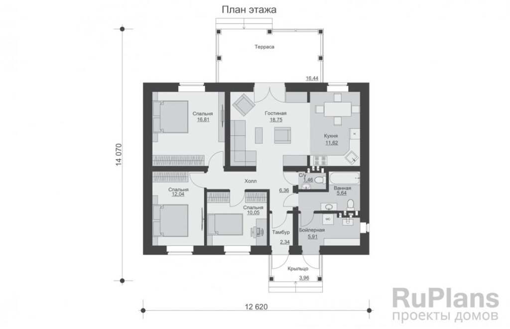 Планировка Одноэтажный жилой дом с террасой Rg5648