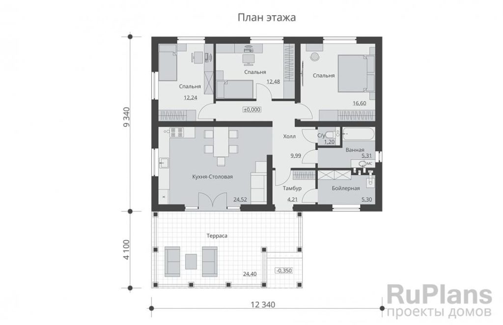 Планировка Одноэтажный дом с просторной террасой и тремя спальнями Rg6136