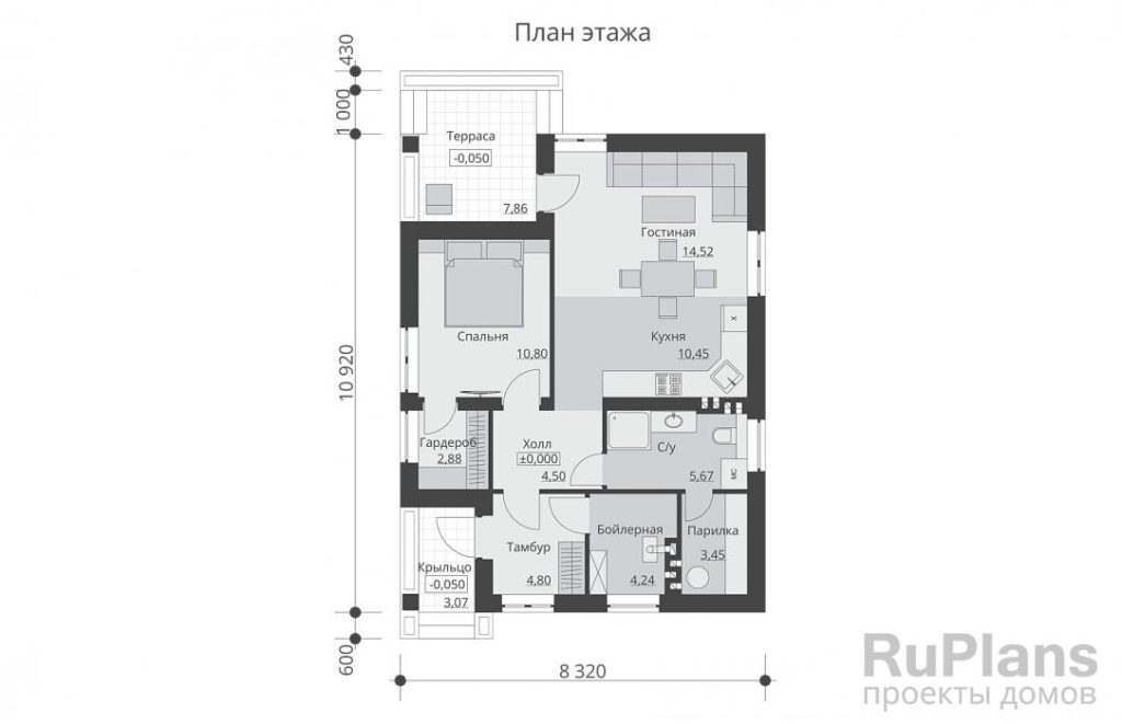 Планировка Одноэтажный дом с одной спальней и маленькой террасой Rg6181