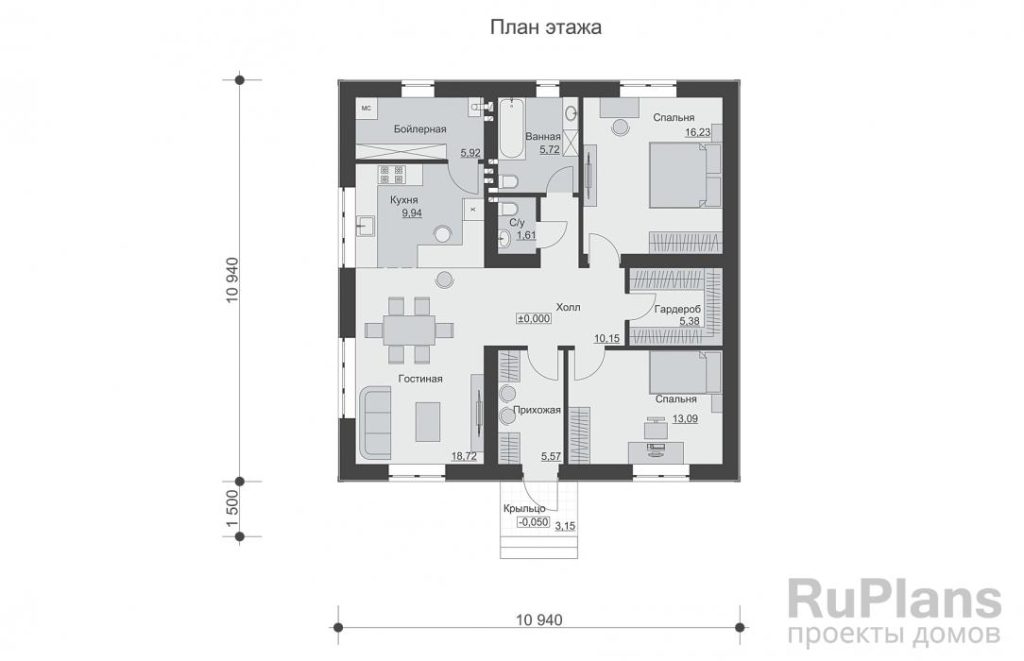 Планировка Одноэтажный дом с двумя спальнями и отделкой сайдингом Rg6423