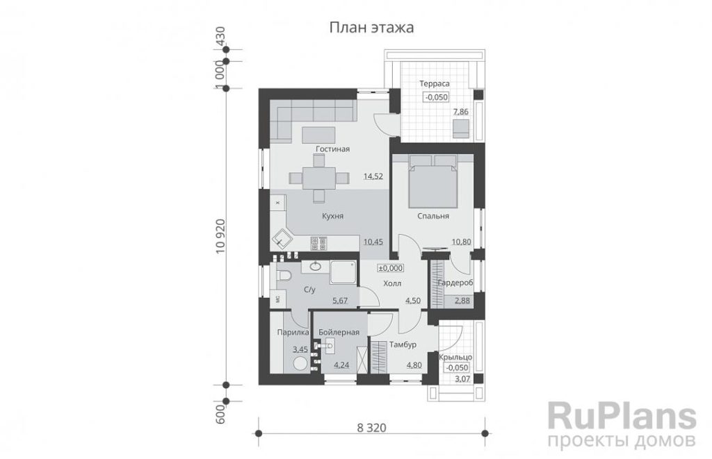 Планировка Одноэтажный дом с одной спальней и маленькой террасой Rg6182