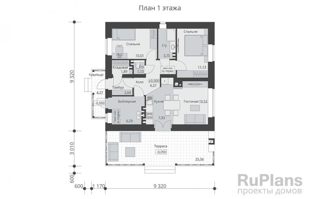 Планировка Одноэтажный дом с подвалом, террасой и двумя спальнями Rg6314