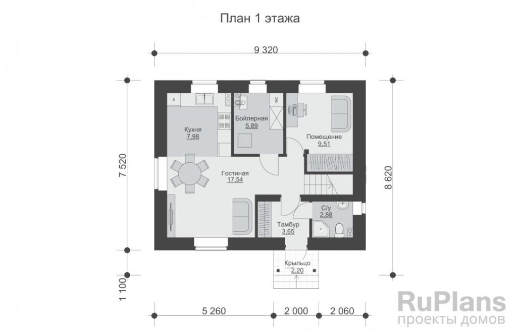 Планировка Одноэтажный дом с мансардой, погребом и отделкой кирпичом Rg6208
