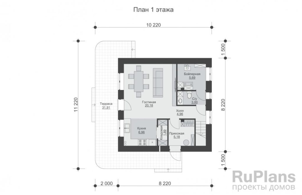 Планировка Одноэтажный дом с мансардой, двумя спальнями и террасой Rg6089