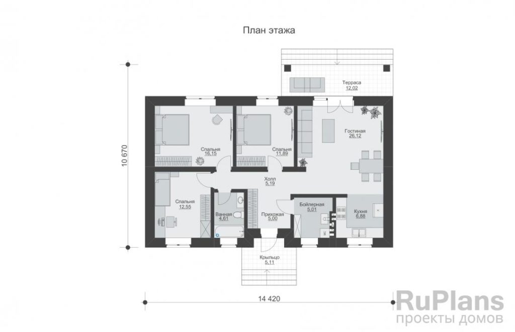 Планировка Одноэтажный дом с тремя спальнями и террасой Rg6078
