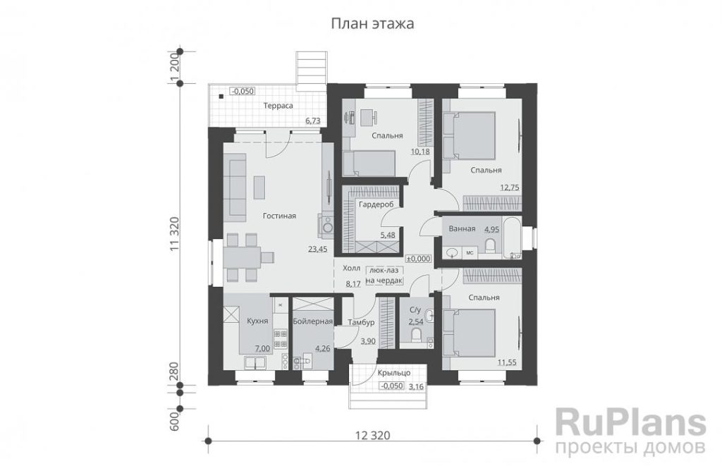 Планировка Одноэтажный дом с тремя спальнями, камином и выходом на чердак Rg6073
