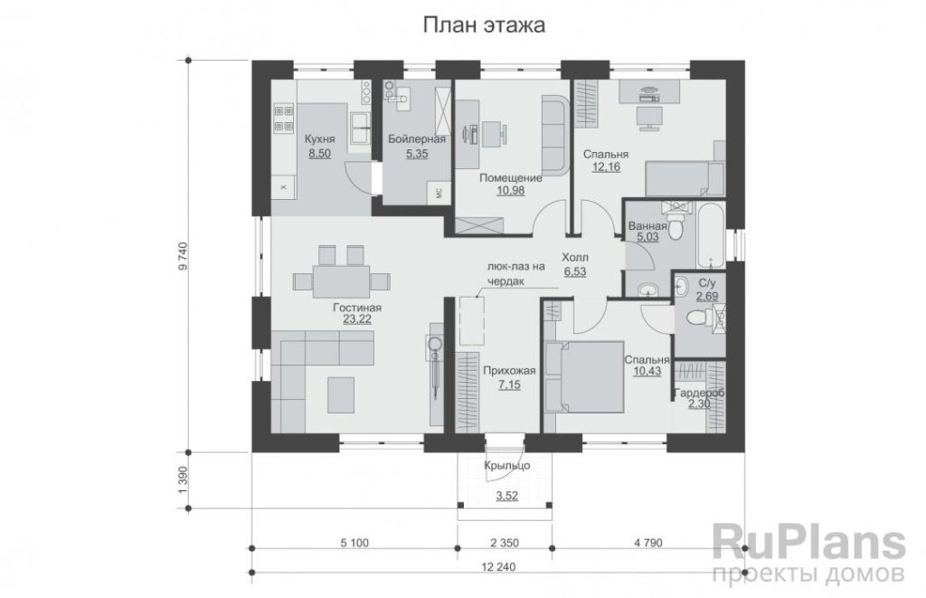 Планировка Одноэтажный дом с крыльцом и 2 спальнями Rg6249