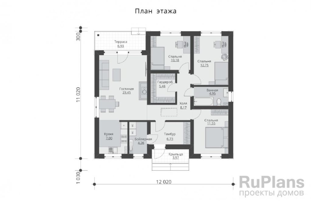 Планировка Одноэтажный дом с тремя спальнями и кухней-гостиной Rg5983