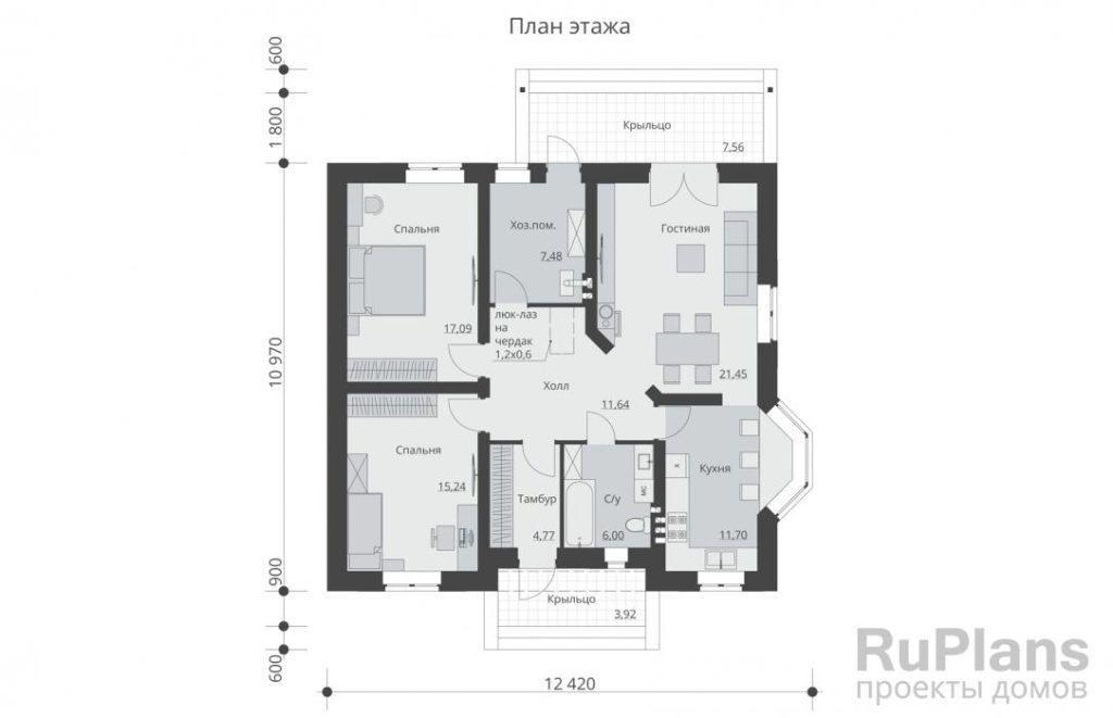 Планировка Одноэтажный дом с двумя спальнями, камином и чердаком Rg5993