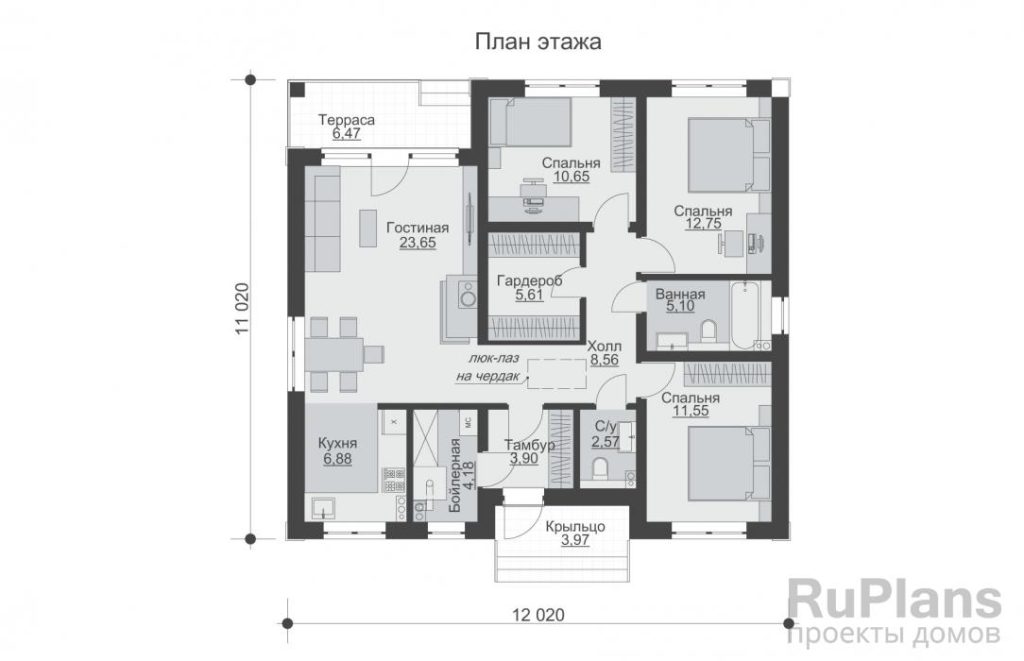 Планировка Одноэтажный дом с тремя спальнями Rg6309