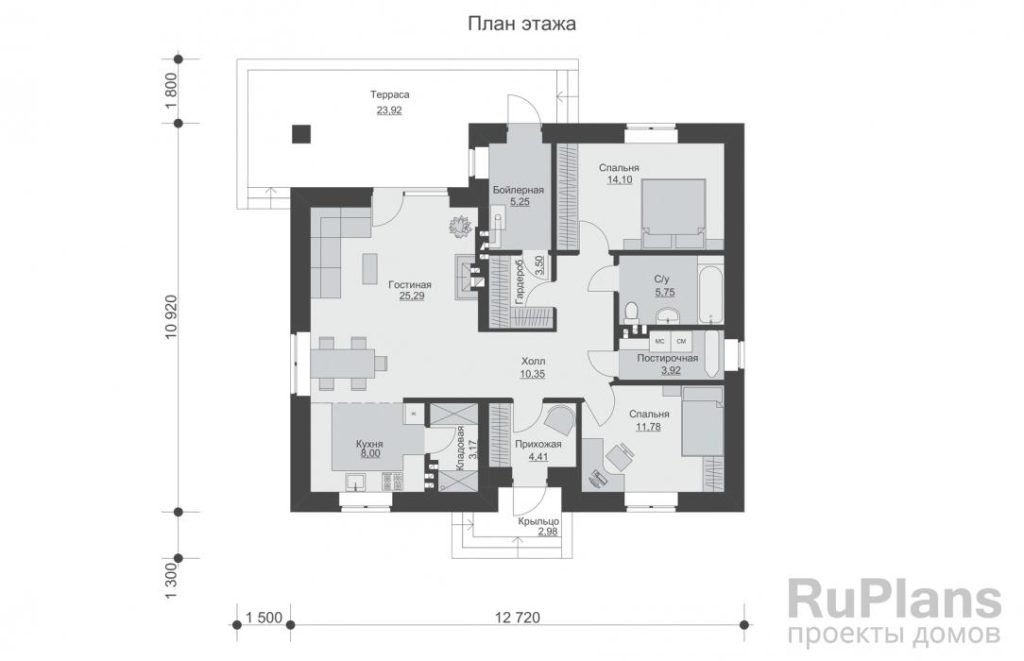 Планировка Одноэтажный дом с террасой и камином Rg6255