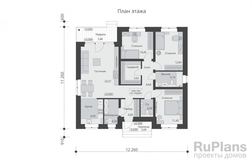 Планировка Одноэтажный дом с тремя спальнями, камином и террасой Rg6133