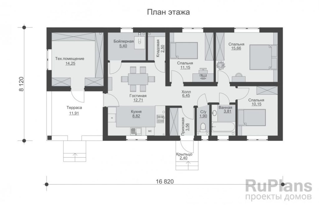 Планировка Одноэтажный дом с террасой и тремя спальнями Rg6476