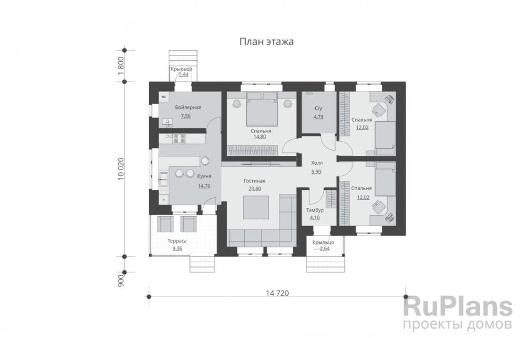 Планировка Проект одноэтажного дома с террасой Rg5709