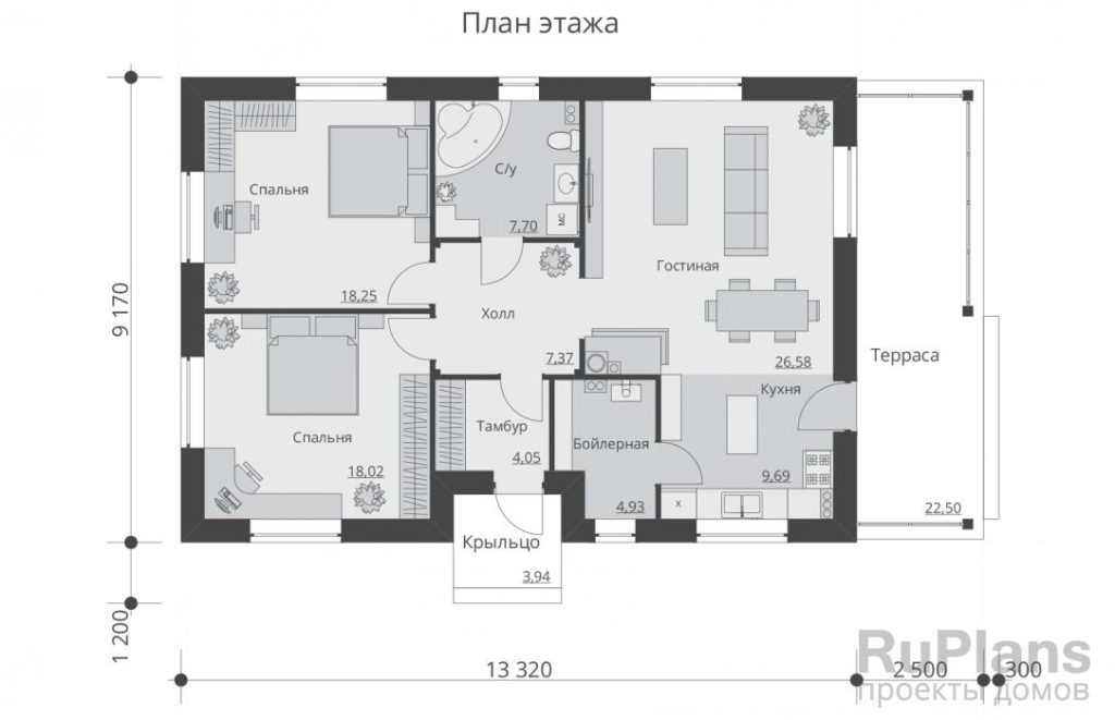 Планировка Одноэтажный жилой дом с террасйо. Rg5396