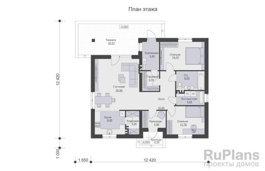 Планировка Одноэтажный дом террасой и отделкой штукатуркой Rg6483