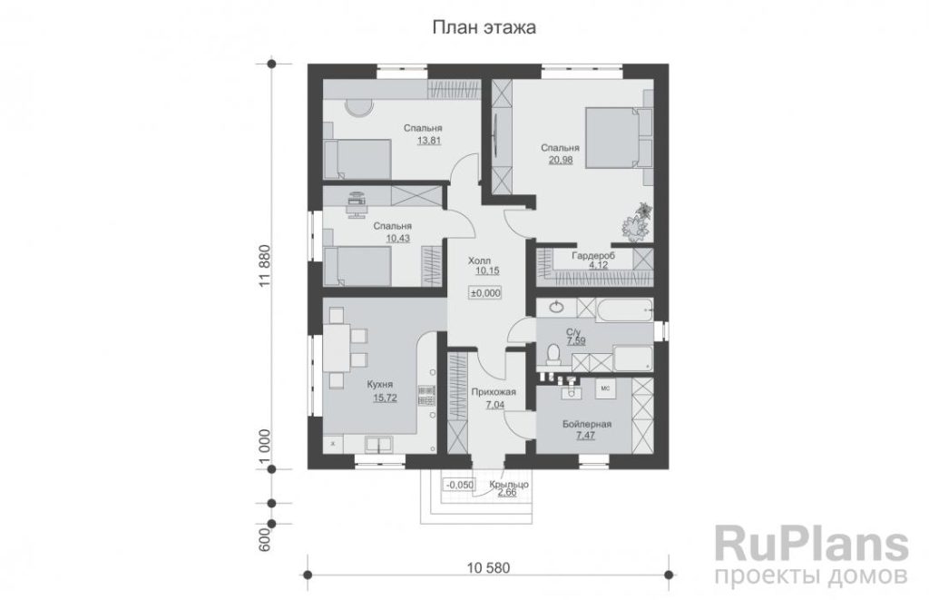 Планировка Одноэтажный дом с тремя спальнями и просторной кухней Rg6454
