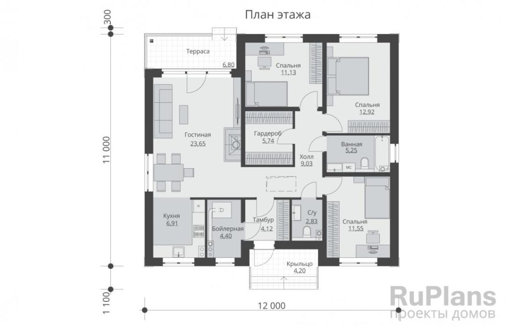 Планировка Одноэтажный дом с тремя спальнями и террасой Rg5914