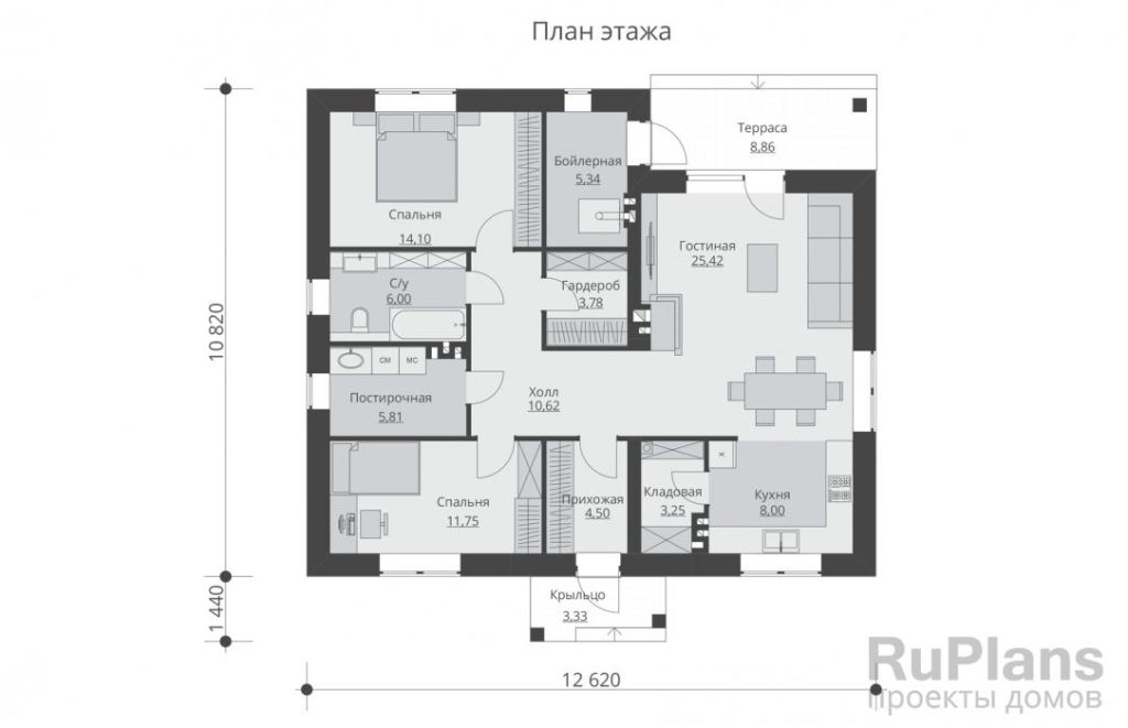 Планировка Одноэтажный дом с террасой и плоской крышей Rg5855