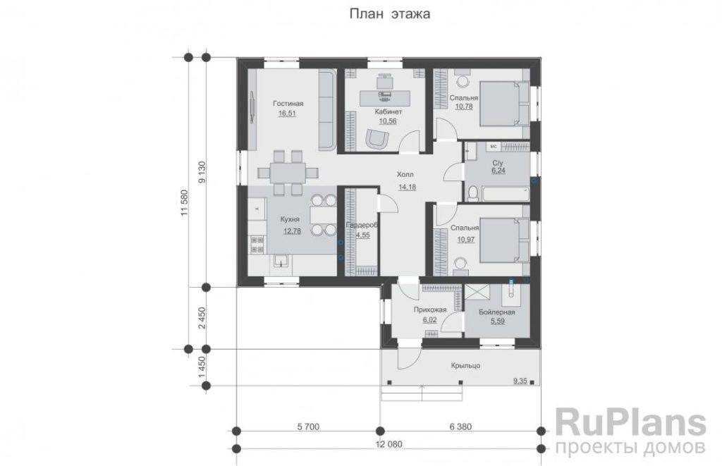 Планировка Одноэтажный дом с крыльцом, двумя спальнями и кабинетом Rg6165