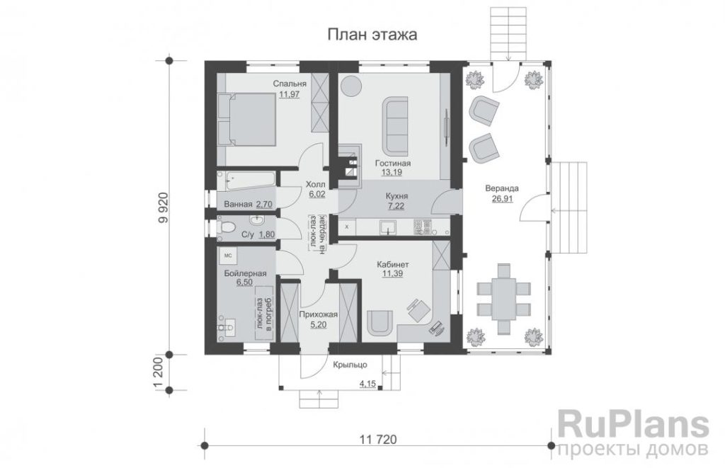 Планировка Одноэтажный дом с погребом, кабинетом и верандой Rg6400