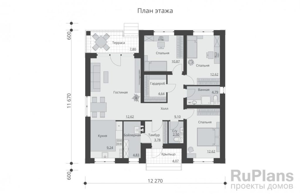 Планировка Одноэтажный дом с тремя спальнями и террасой Rg5929