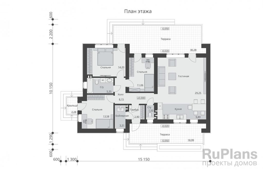 Планировка Одноэтажный дом с тремя спальнями и плоской неэксплуатируемой крышей Rg6117