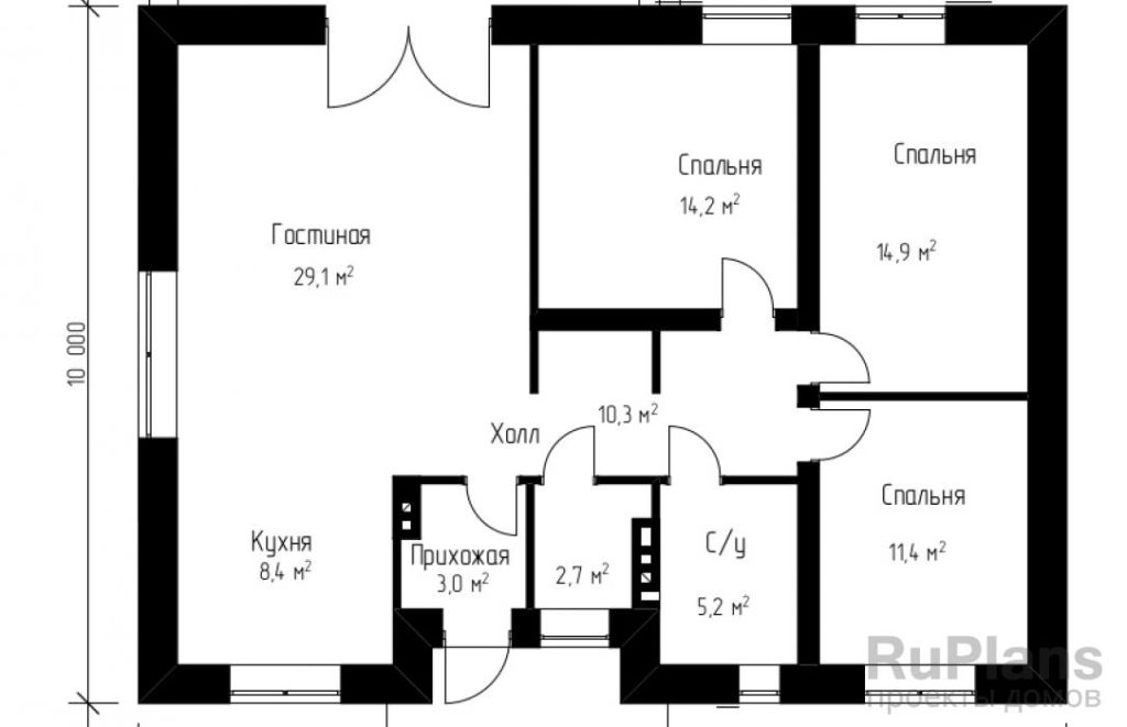 Планировка Одноэтажный уютный коттедж Rg3843