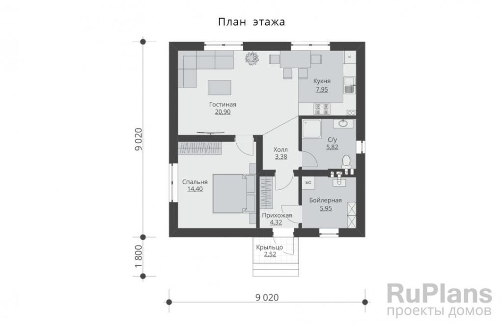 Планировка Одноэтажный дом с одной спальней и кухней-гостиной Rg5903
