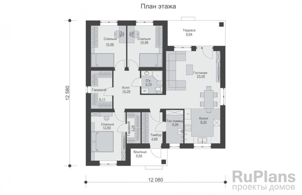 Планировка Одноэтажный дом с тремя спальнями, двумя гардеробами и террасой Rg6465